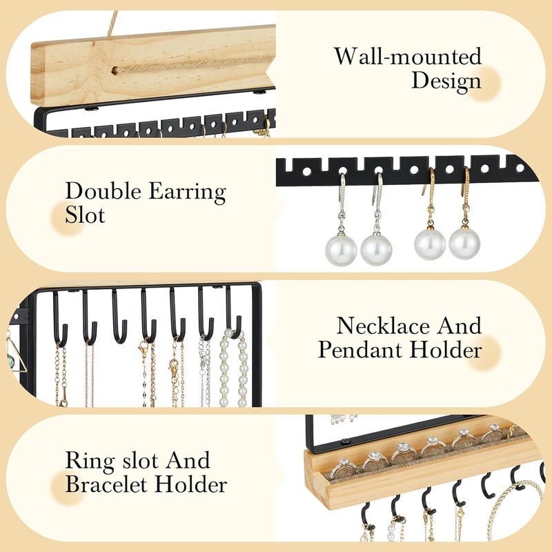 Feyejade Hanging Jewelry Organizer, 5-Tier Wall Earring Holder with Wooden Ring Groove, Jewelry Rack Wall Mounted for Earrings, Necklaces, Bracelets and Rings, Jewelry Holder Stand, Black - Image 5
